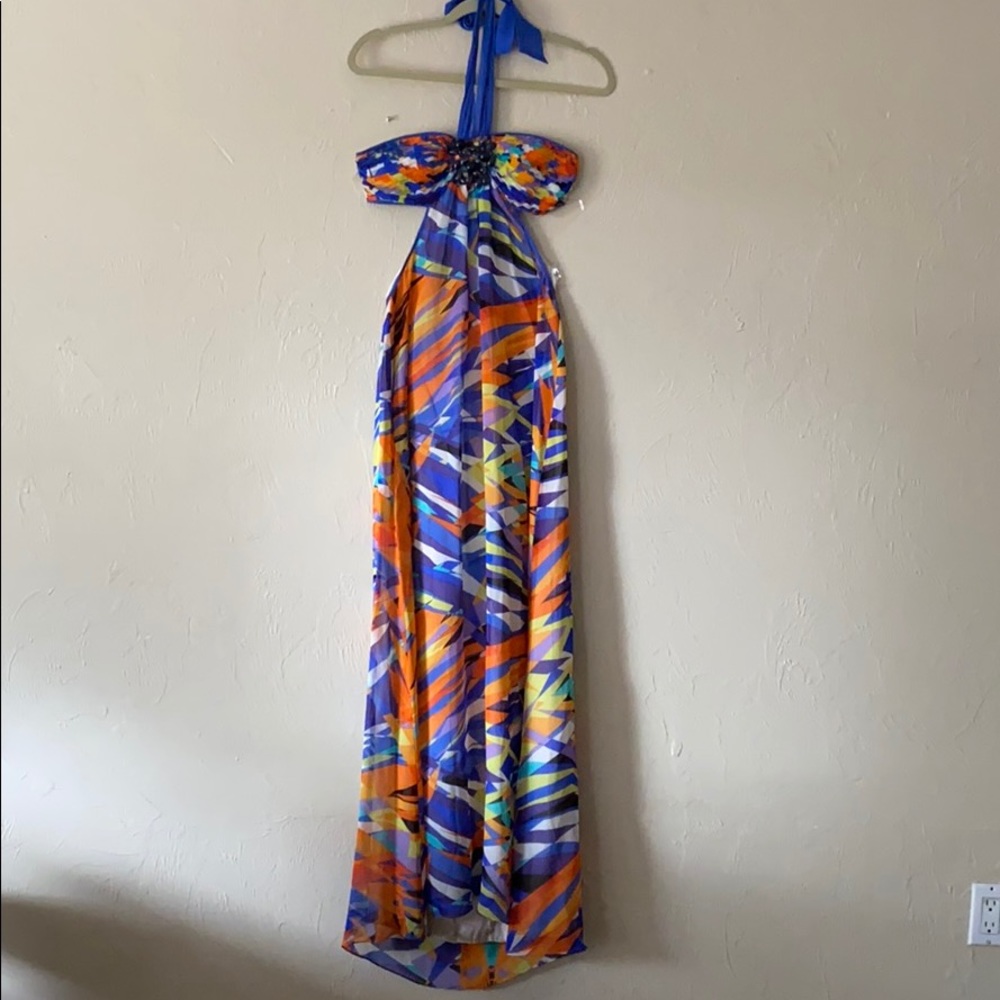 BCBG MAXAZRIA MUTICOLOR BEADED HALTER DRESS